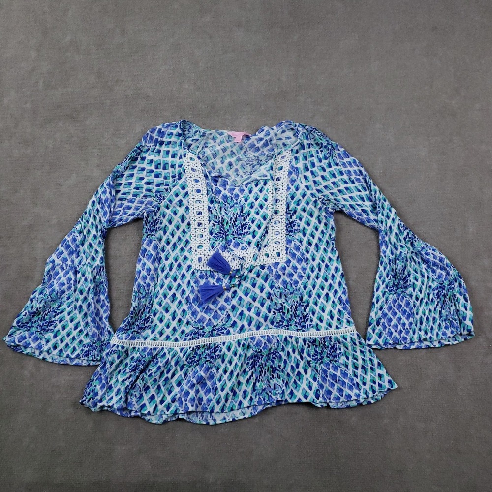 Lilly Pulitzer Amisa Top Womens XS Blue Green Boho Peplum Bell Sleeve‎ Tunic